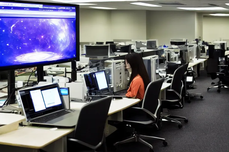 Image similar to an alien sat at a bank of computers listening for signs of life from space