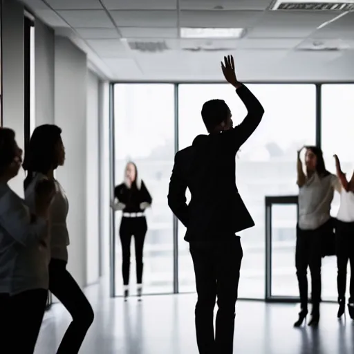 Image similar to photo of a young man waving goodbye emotionally to a group of his coworkers in office, 25mm, f8