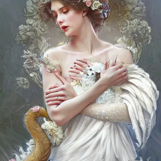 Prompt: a queen with a decorated dress made of white and cream colored roses holding a realistic and detailed white swan in her arms, highly detailed, digital painting, Trending on artstation , HD quality, by artgerm and greg rutkowski and alphonse mucha, dramatic light, octane