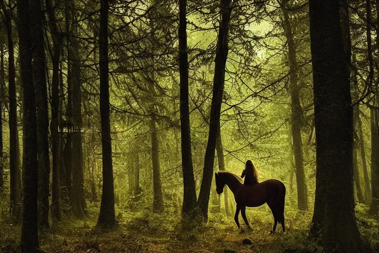 Image similar to beautiful horse in the forest evening natural light by Emmanuel Lubezki