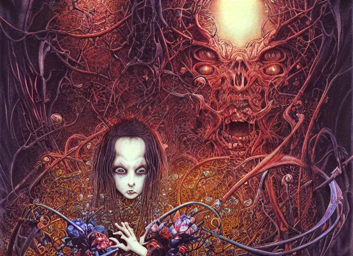 Prompt: realistic detailed image of a children performing an occult ritual at the cemetary, imps and demons lurking in the shadows by Ayami Kojima, Amano, Karol Bak, Greg Hildebrandt, and Mark Brooks, Neo-Gothic, gothic, rich deep colors. art by Takato Yamamoto. masterpiece. Beksinski painting. still from 1993 movie by Terrence Malick and Gaspar Noe