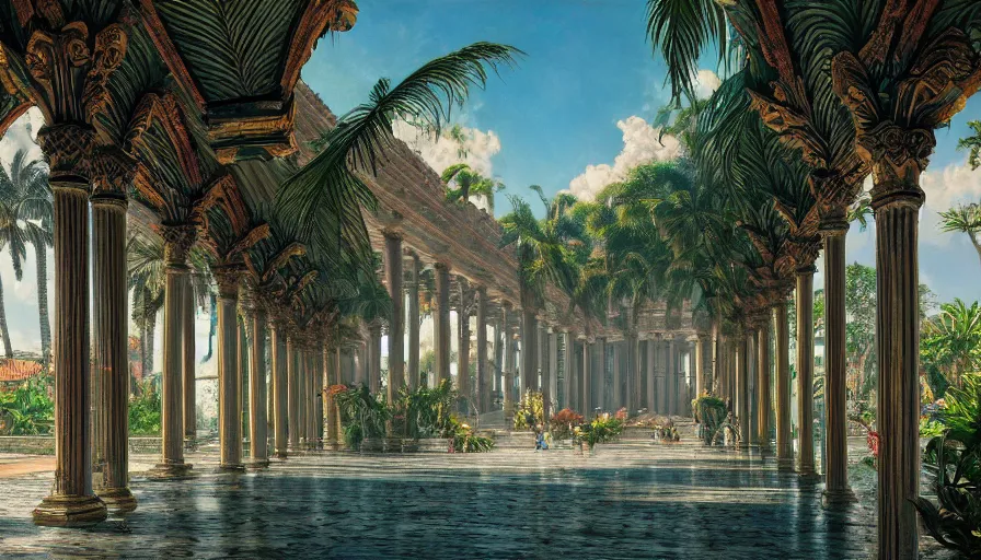 Image similar to a ultradetailed beautiful painting of the amazonas palace balustrade designed by gustave dore, derek zabrocki, greg rutkowski, belsinski, beach, trending on artstation, mediterranean, palm trees, sharp focus, colorful refracted sparkles and lines, soft light, 8 k 4 k