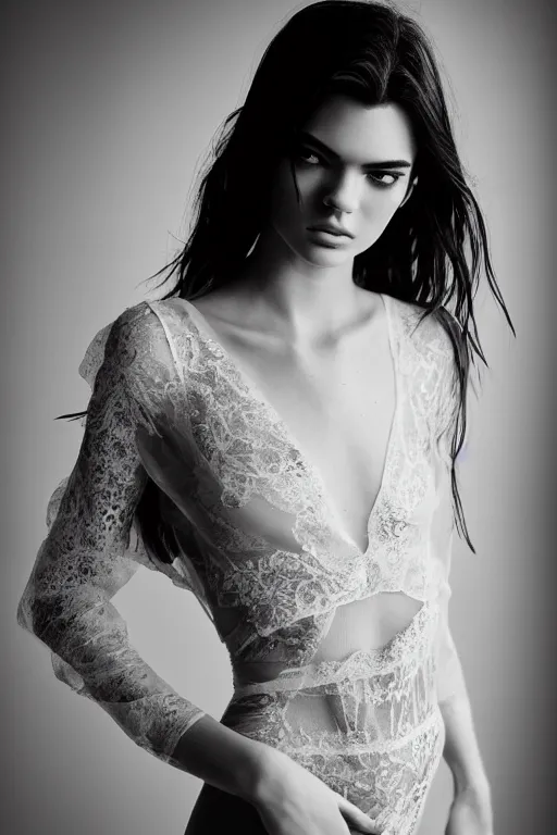 Image similar to emotionnal shot. fragile shy woman looking like Kendall Jenner with sheer dress with plunging neckline and lace sleeves. award-winning fashion photography. intimate and vulnerable lighting. 130mm bw fashion photography .