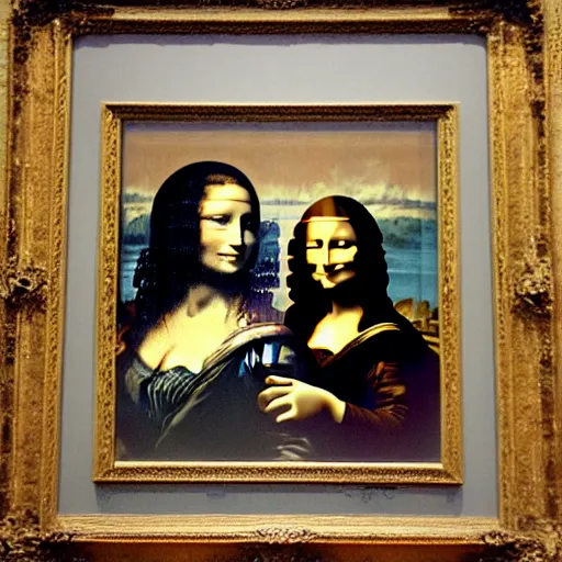 Image similar to banksy tagging the mona-lisa inside the Louvre