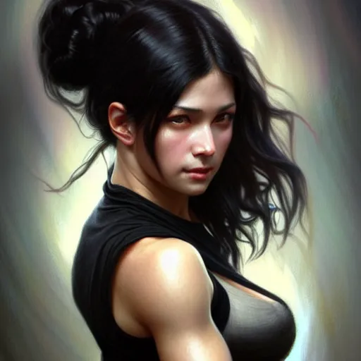 Image similar to a black haired woman in a black tank top, muscular upper body, abs, D&D, fantasy, intricate, elegant, highly detailed, digital painting, artstation, concept art, smooth, sharp focus, illustration, art by artgerm and greg rutkowski and alphonse mucha