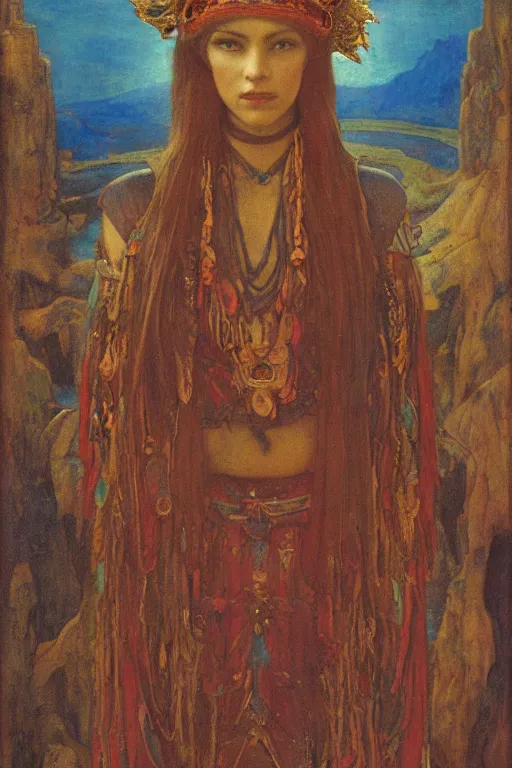 Prompt: queen of the lost city with her regalia, by Annie Swynnerton and Nicholas Roerich and jean delville, dramatic cinematic lighting , ornate headdress , flowing robes, lost civilizations, extremely detailed