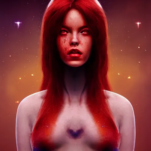 Prompt: beautiful cosmic girl, messy vibrant red hair, medium shot, elegant pose, cosmonaut, scifi, slender symmetrical face and body, artstation, cinematic lighting, hyperdetailed, 8k, HD, golden ration, vfx, postprocessing