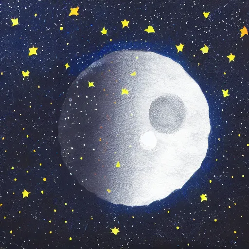 Prompt: an oil pastel painting of the close up bright detailed moon surrounded by black sky and small speckled stars photo realistic light and detail