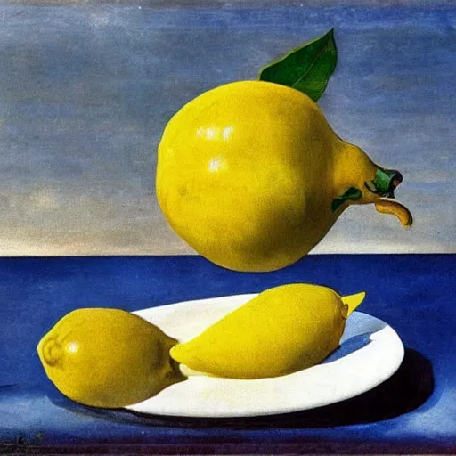 Image similar to a lemon eating another lemon, salvador dali, horror