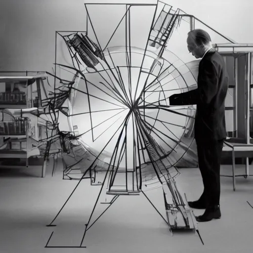 Image similar to filmstill of Marcel Duchamp working on a futuristic machine, long exposure, minimal packshot, archival pigment print