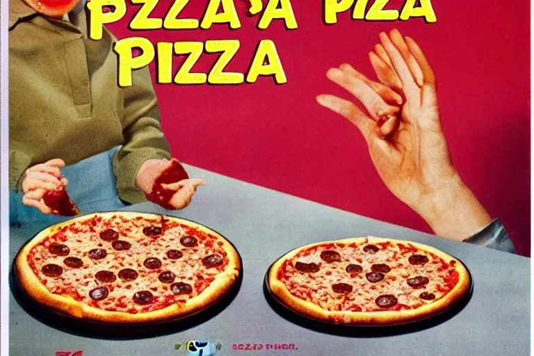 Prompt: pizza!!!!, 80s, advertisement