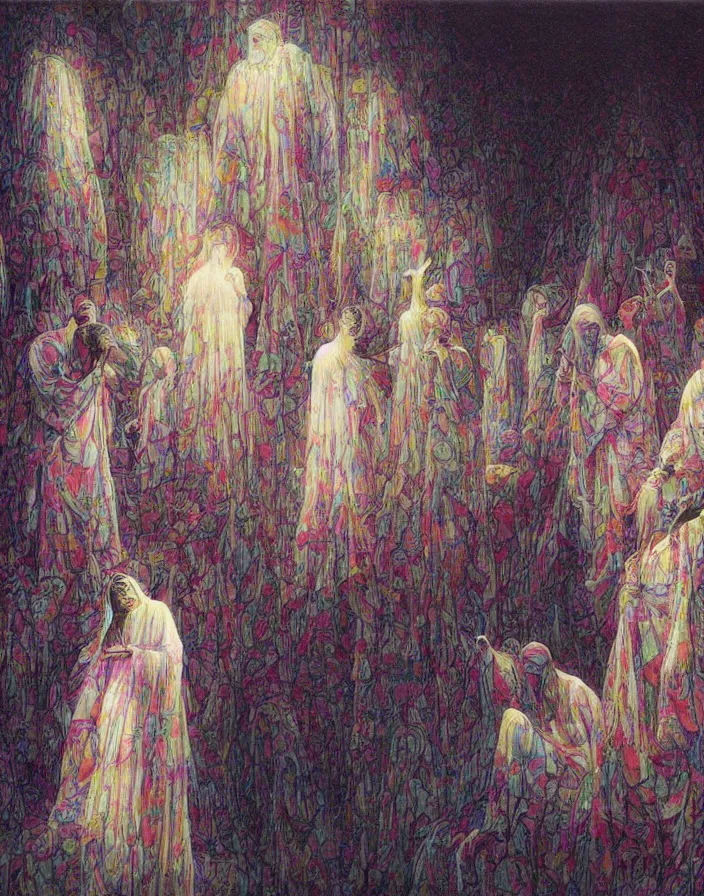 Image similar to worshippers in robes belonging to the cult of the crystal light gather inside a small room around the big glowing crystal, big glowing crystal radiating white light, small room, interior, beksinski painting, part by adrian ghenie and gerhard richter. art by takato yamamoto. masterpiece, deep colours