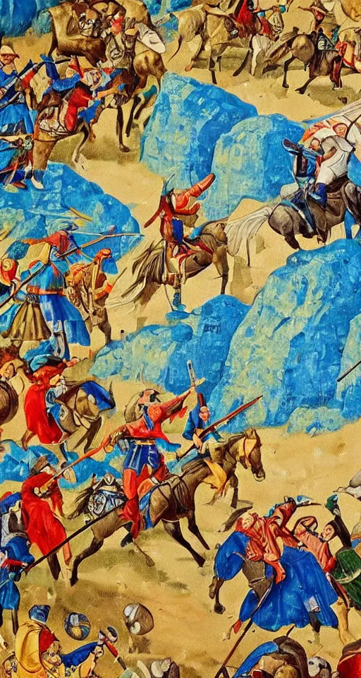 Prompt: vibrant medieval skirmish under a massive blue mountainscape, beautiful painting