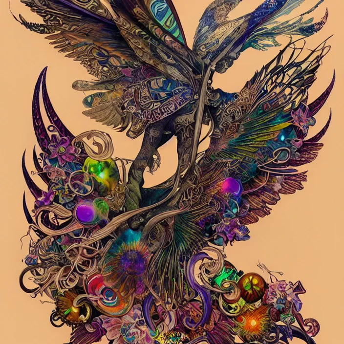 Image similar to extremely psychedelic tattoo design made of wings, LSD tattoo design, diffuse lighting, fantasy, intricate, elegant, highly detailed, lifelike, photorealistic, digital painting, artstation, illustration, concept art, smooth, sharp focus, art by John Collier and Albert Aublet and Krenz Cushart and Artem Demura and Alphonse Mucha