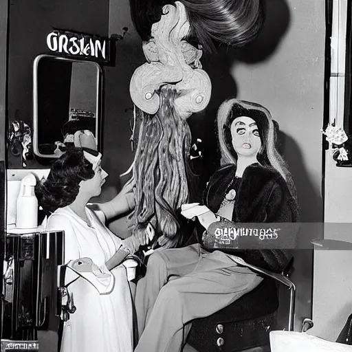 Image similar to Medusa the Gorgon chatting with her hairdresser at the salon in the 50s