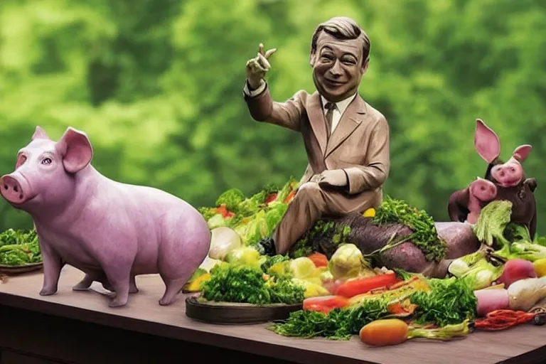 Image similar to nigel farage as a pig laying on top of vegetables on a table, a bronze sculpture by jeff a. menges, trending on pinterest, hyperrealism, hyper - realistic, hyper realism, playstation 5 screenshot