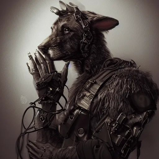 Image similar to a wounded humanoid german shepherd beast - man in military style, his hands are covered with wires, sitting on the bed, highly detailed portrait, digital painting, artstation, concept art, smooth, sharp foccus ilustration, artstation