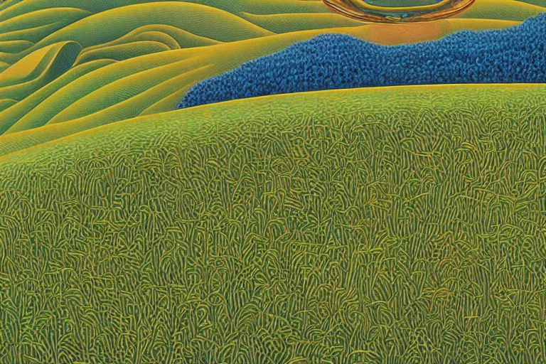 Prompt: green grassy hills up close, close up by octavio ocampo by moebius