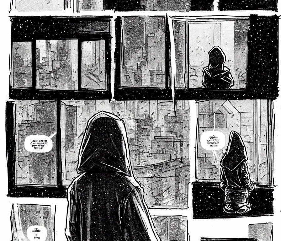 Image similar to outdoors : sadie sink in hoodie sits on windowsill, knees tucked in | rain falls at night : storyboard panel, scifi cyberpunk. by gabriel hardman, joe alves, chris bonura. cinematic atmosphere, detailed and intricate, perfect anatomy