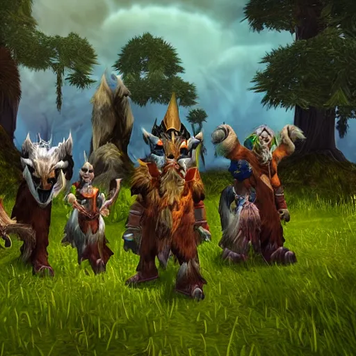 Image similar to A pack of world of warcraft feral druids roaming the british countryside