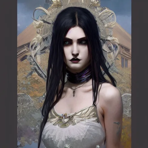 Image similar to a tall attractive goth girl, cute, intricate, highly detailed, digital painting, artstation, concept art, smooth, sharp focus, illustration, unreal engine 5, 8 k, art by artgerm and greg rutkowski and alphonse mucha