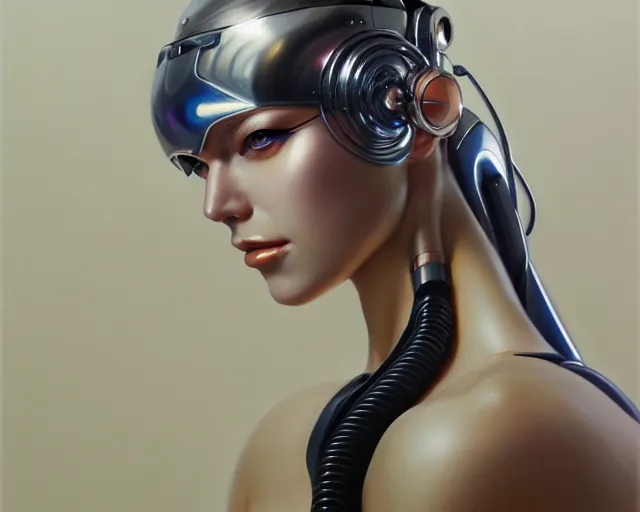 Image similar to a ultradetailed beautiful portrait painting of a stylish female cyborg, chrome plated, oil painting, by hajime sorayama, greg rutkowski and makoto shinkai, trending on artstation