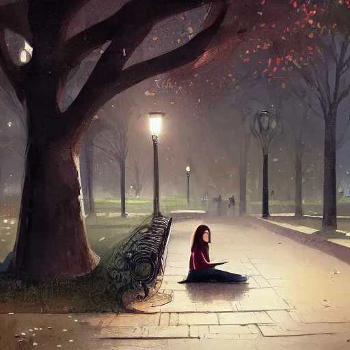 Image similar to a girl reading a book, city park, street lighting, greg rutkowski, digital painting