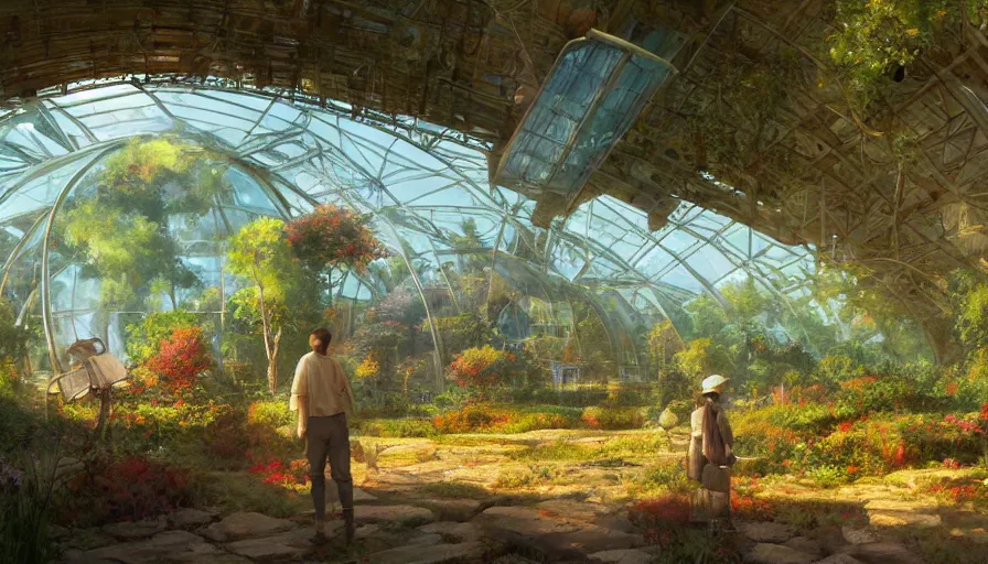 Image similar to craig mullins and ghibli digital illustration of the interior of the largest biodome in the world, fields of crops, farms, colorful, unreal engine, hyper realism, realistic shading, cinematic composition, realistic render, octane render, detailed textures, photorealistic, wide shot,