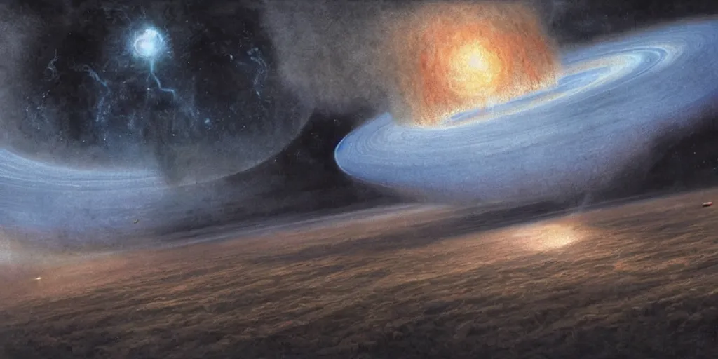 Image similar to Artwork by John Howe of the cinematic view of the Proton Disturbance Ring.