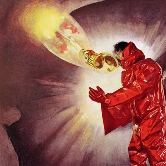 Prompt: scientist wearing red and white hazmat suit holding a gold guitar entering bright geometric crystal portal by frank frazetta