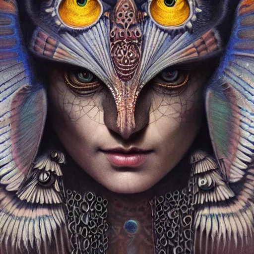 Prompt: beautiful closeup portrait of an art deco shaman, glowing eyes. reflective detailed textures, moth wings, highly detailed dark fantasy science fiction painting by tom bagshaw and michael whelan and diego rivera and annie swynnerton and jean delville, elaborate geometric ornament, ancient runes, silver and cool colors. artstation