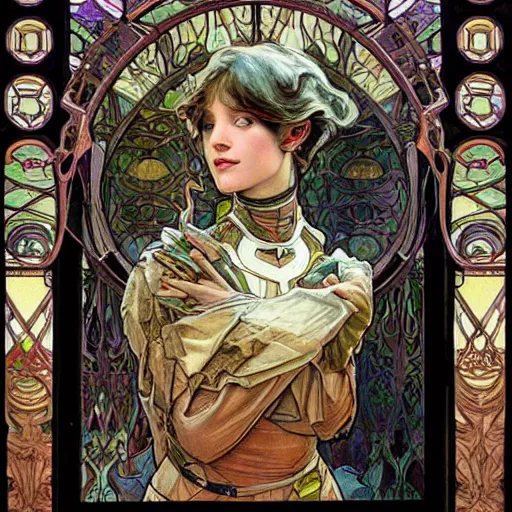 Image similar to realistic detailed 14-year old girl wearing future cybernetic battle armor by Alphonse Mucha, Moebius, Davinci, Donato Giancola, Art Nouveau, Neo-Gothic, gothic, rich deep colors