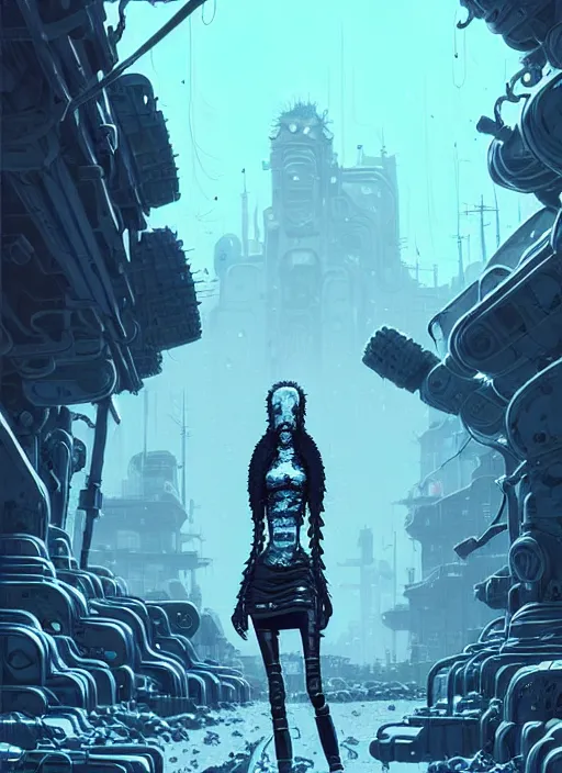 Prompt: highly detailed portrait of wasteland punk long curly white ice hair tribal lady, stray wiring by atey ghailan, james gilleard, by joe fenton, by greg rutkowski, by greg tocchini, by kaethe butcher, 4 k resolution, gradient blue, cyan, black and white color scheme!!! ( ( ice laden glaciated robotic dystopian city background ) )