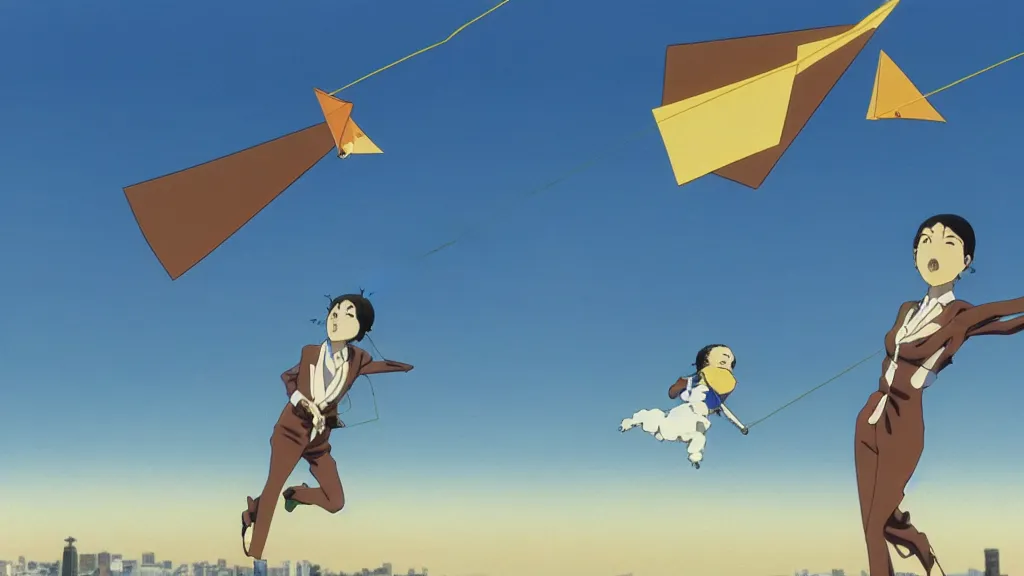 Image similar to a woman wearing a brown dress suit and a pigeon mask surfing on a kite the air in Tokyo, anime film still from the an anime directed by Katsuhiro Otomo with art direction by Salvador Dalí, wide lens