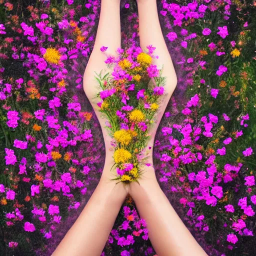 Image similar to hyper realistic photo human body made of wild flowers