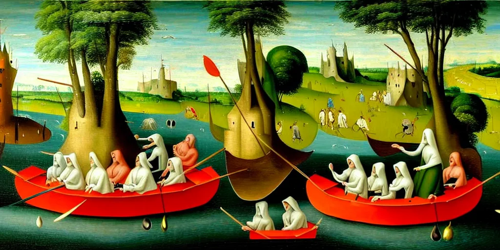 Prompt: A very detailed painting in the style of Hieronim Bosch featuring a river in Europe surrounded by trees and fields. A rubber dinghy is slowly moving through the water. Sun is shining