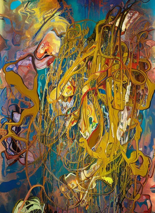 Image similar to abstract expressionism oil painting intertwined with a mutant biomorphic biological human structure, spray paint texture, drips, impasto paint, 3 d graffiti texture, brushstrokes, abstract, highly detailed, hyperealistic fresh paint, harmonious, chaotic, colorfull, in the style of alphonse mucha