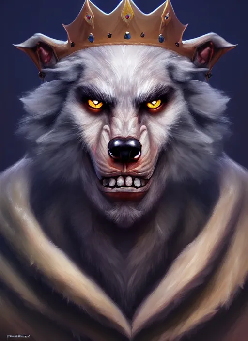 Image similar to portrait painting of werewolf king with crown, acrylic, daz. detailed, portrait, oil painting, artstation, unreal 5, hd, artgerm, dnd, rpg