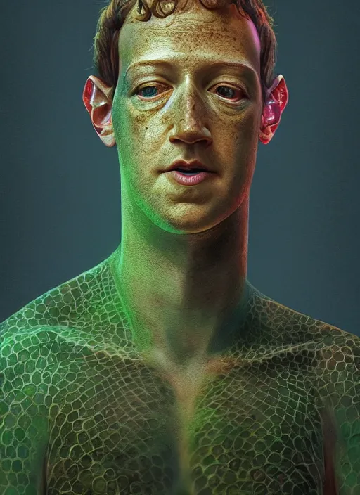 Image similar to portrait of mark zuckerberg as a lizard overlord, hyper detailed, digital art, trending in artstation, cinematic lighting, studio quality, smooth render, unreal engine 5 rendered, octane rendered, art style by klimt and nixeu and ian sprigger and wlop and krenz cushart.