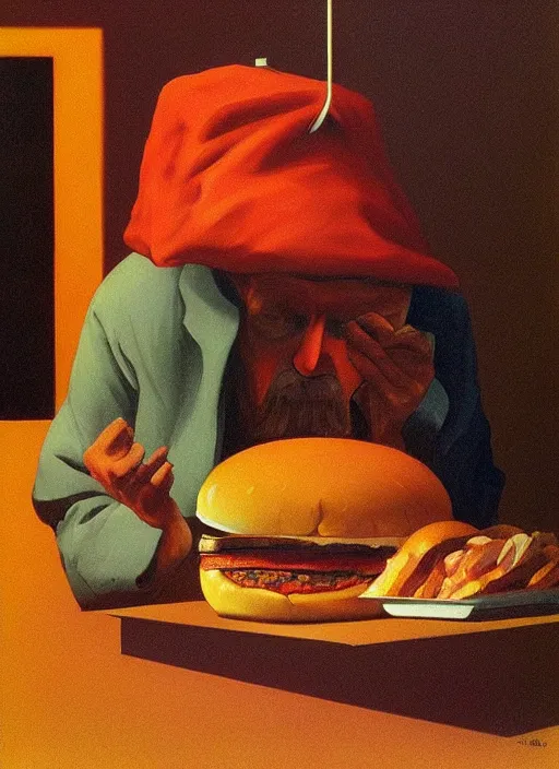 Prompt: hungry hamburger eating a man with a paper bag over his head Edward Hopper and James Gilleard, Zdzislaw Beksinski highly detailed