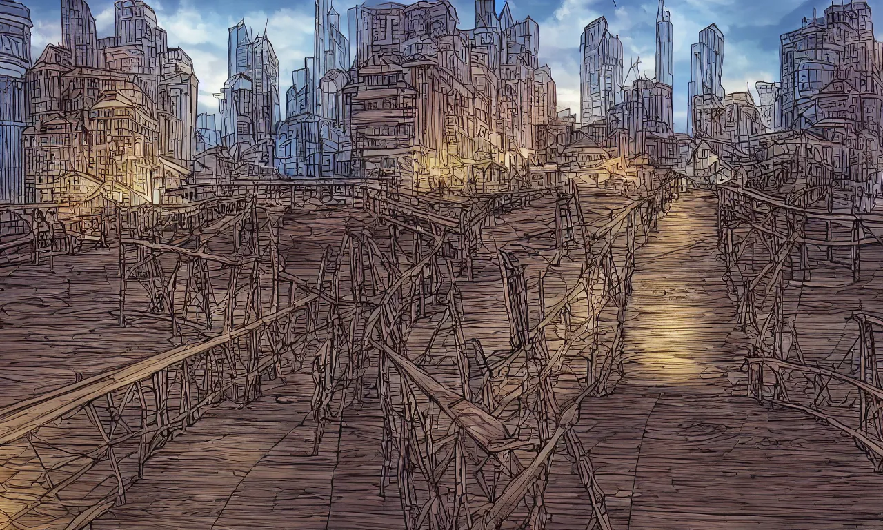 Prompt: wooden bridge, twiddle a twoddle, busy cityscape, digital art, 3 d illustration