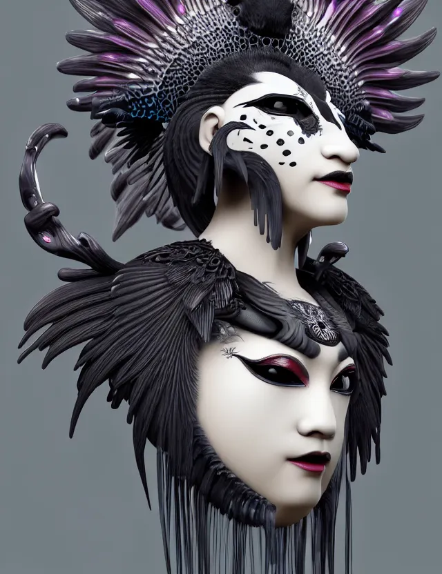 Image similar to 3 d goddess close - up profile simple portrait punk with mohawk with ram skull. beautiful intricately detailed japanese crow kitsune mask and clasical japanese kimono. betta fish, jellyfish phoenix, bio luminescent, plasma, ice, water, wind, creature, artwork by tooth wu and wlop and beeple and greg rutkowski