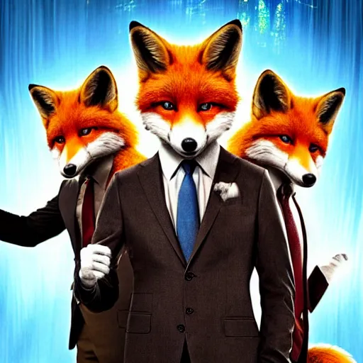 Image similar to hdr quality poster for an action movie fearing cool looking anthropomorphic male foxes in suits stealing fried chicken, promotional media