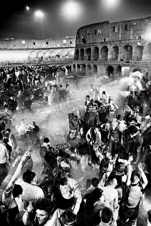 Prompt: citizens of rome riot in front of the colosseum, throwing spaghetti and meatballs, chianti molotov cocktails, under a full moon, macaroni art