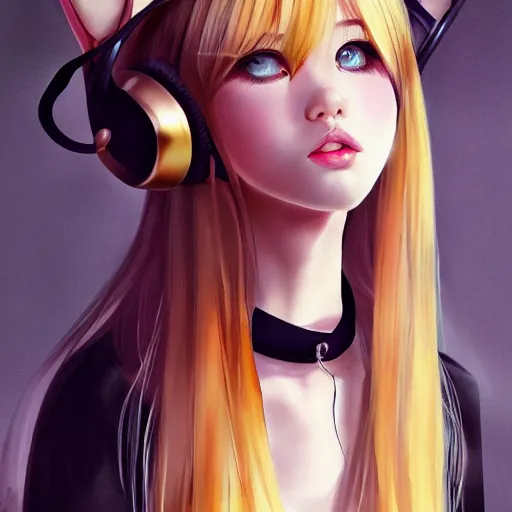 Image similar to realistic beautiful gorgeous natural cute Blackpink Lalisa Manoban blonde hair cute fur blonde cat ears wearing headphones wearing black leather choker in maid dress outfit golden eyes artwork drawn full HD 4K highest quality in artstyle by professional artists WLOP, Taejune Kim, Guweiz, ArtGerm on Artstation Pixiv