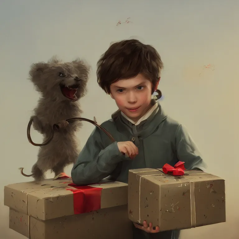 Image similar to a cute boy with a giftbox with bow and ribbon in a painting from stalenhag, 4 k, 8 k, hdr, artstation, concept art