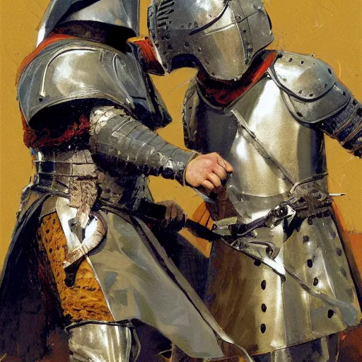 Prompt: portrait of two men wearing gambeson and medieval helmets, fighting, duelling, clashing swords, detailed by greg manchess, craig mullins, bernie fuchs, walter everett