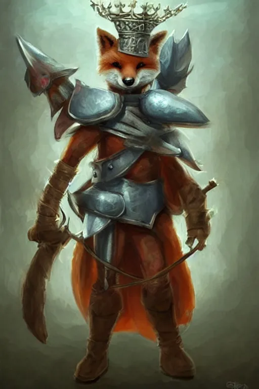 Image similar to cute little anthropomorphic foxy knight wearing a cape and a crown, tiny, small, miniature fox, baby animal, short, pale blue armor, cute and adorable, pretty, beautiful, DnD character art portrait, matte fantasy painting, DeviantArt Artstation, by Jason Felix by Steve Argyle by Tyler Jacobson by Peter Mohrbacher, cinematic lighting