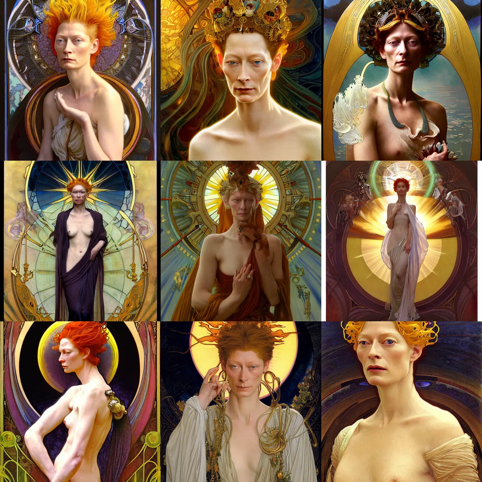 Prompt: stunning, breathtaking, awe-inspiring award-winning concept art nouveau painting of attractive Tilda Swinton as the goddess of the sun, with anxious, piercing eyes, by Alphonse Mucha, Michael Whelan, William Adolphe Bouguereau, John Williams Waterhouse, and Donato Giancola, cyberpunk, extremely moody lighting, cinematic, 8K