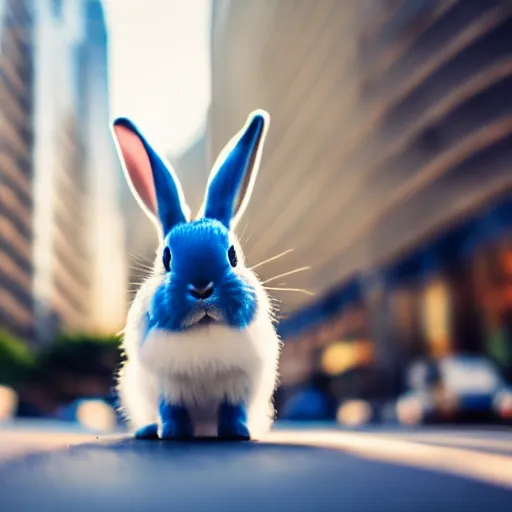 Prompt: a cute small blue rabbit sitting in the middle of a busy street with skyscrapers, low angle camera, cinematic, very detailed, 4 k, depth of field